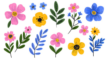 Fototapeta premium Watercolor wildflowers and leaves illustration set isolated on white
