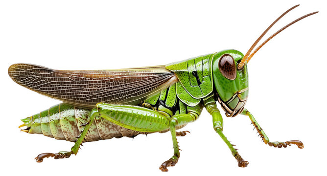 Detailed image of a green grasshopper with visible wings and antennae
