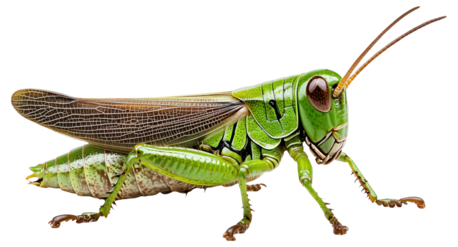 Detailed image of a green grasshopper with visible wings and antennae