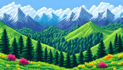 Fototapeta premium Pixelated Mountain Landscape With Lush Forest And Flowers
