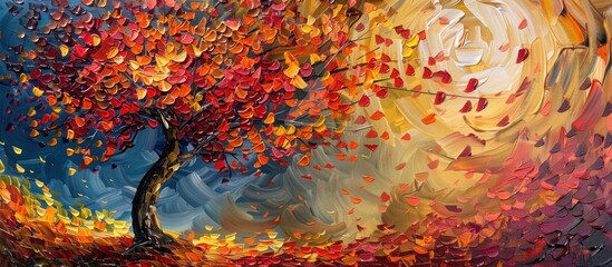 Autumn Tree Painting; Abstract; Falling Leaves; Colorful Sky