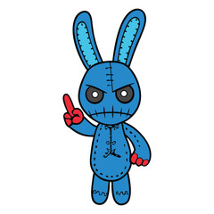 A stitched, angry voodoo bunny with glowing eyes, holding up a finger in a defiant gesture. Its expression is fierce, and the threads seem to pulse with dark energy.