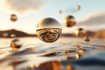 Obraz premium Floating golden spheres reflect a serene landscape, evoking a sense of calm and ethereal beauty.