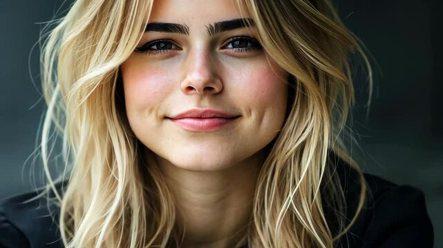 Smiling young woman with blonde hair and dimples posing in a relaxed setting during the daytime