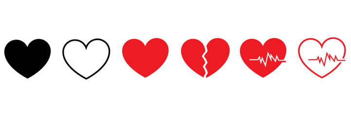 set of heart, heartbeat and broken heart. set of hearts in black, red, pink and stoke with white with white background. heart icons set. broken, break, heartbeat, vector.