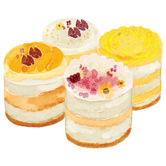 Watercolor mini cakes with fruit toppings