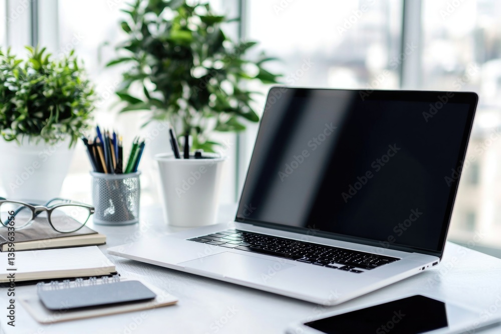 Aufkleber workspace essentials include a laptop and a notebook for effective productivity.