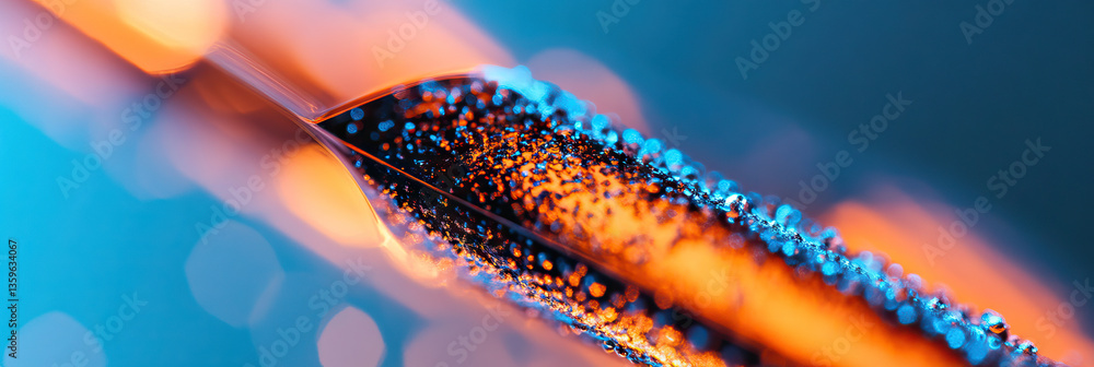 Poster illuminated droplets on slender object with orange and blue gradient