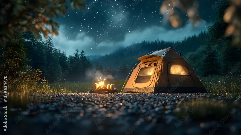 Poster a tranquil camping scene with a tent set up in a serene forest setting surrounded by mountains and i