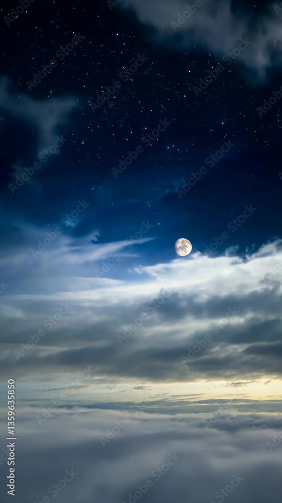 Poster a large moon is in the sky above a cloudy sky. the moon is the only light in the sky