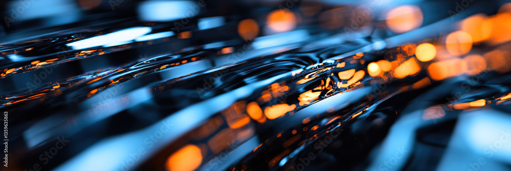 Poster abstract image: parallel reflective surfaces with orange bokeh
