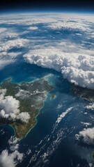 Vast expanse of ocean stretches out beneath sky adorned with scattered clouds. Coastline, lush, green, meets waters edge, creating striking contrast. Curvature of earth subtly visible.
