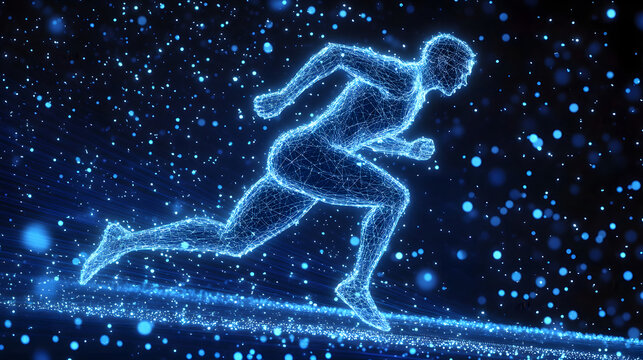 Blue glowing wireframe hologram of an athlete running on dark blue background concept for sport technology and futuristic digital design element