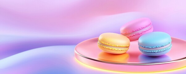 Obraz premium Pastel Macarons on Pink Reflective Surface