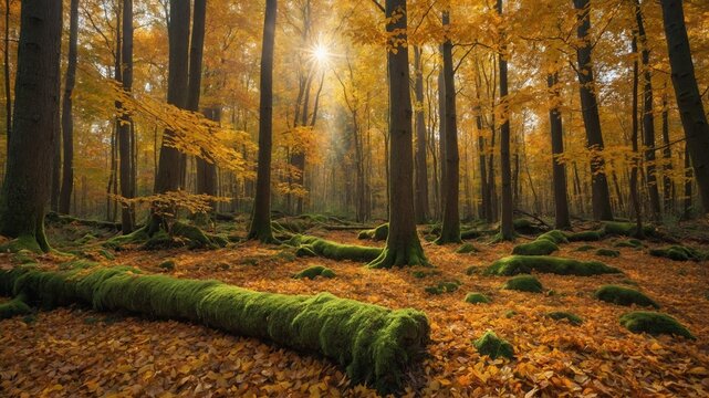 Sunlight filters through autumn canopy, illuminating forest floor blanketed with fallen leaves, moss-covered logs. Vibrant hues of orange, yellow dominate scene.