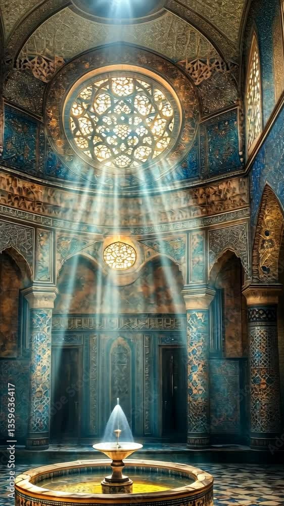 Poster intricate architectural design with light beams illuminating historical structure in a grand interio