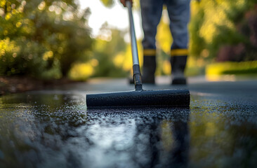 Person sealing driveway with squeegee applicator tool in sunny day. Driveway asphalt sealcoating protects pavement, prevents fractures. Maintenance worker spreads liquid tar coal. Home improvement,