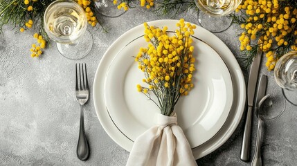 A beautifully arranged dining table features a pristine white plate with fresh mimosa flowers, set alongside sparkling glasses. The atmosphere suggests a joyful spring celebration