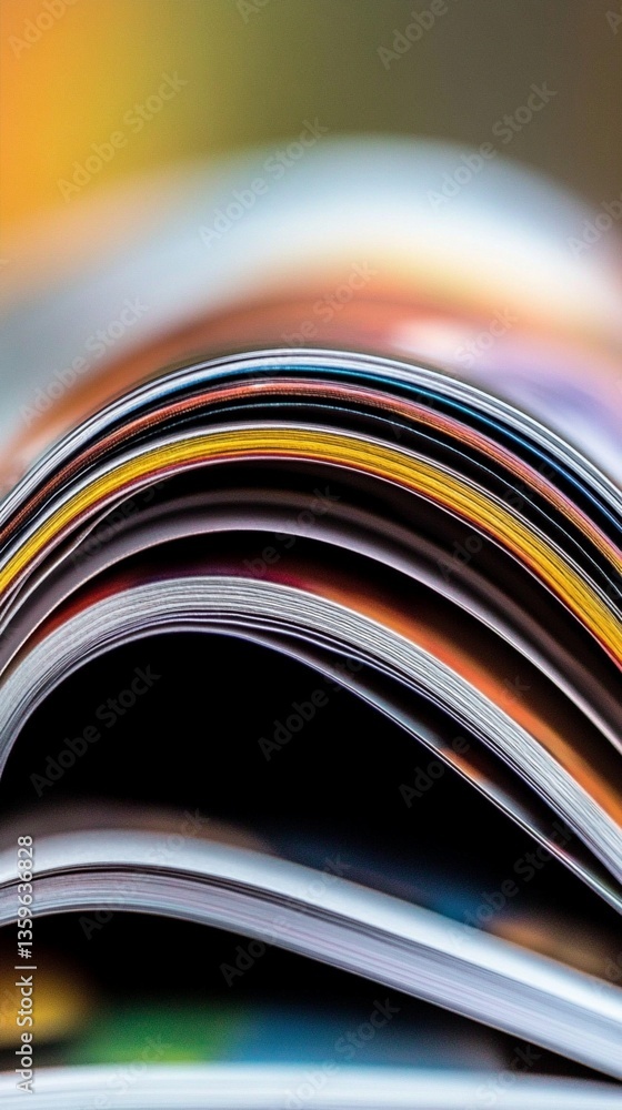 Poster a close-up view of a vibrant and colorful magazine stack showcasing the intricate patterns of pages,