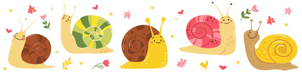 A set of flat vector illustrations in a simple children's style. Cute snails of different colors, hearts, flowers and daisies . Vector illustration © Alena