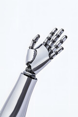 Close-up 3d Chrome Metal Futuristic Robotic hand gesture, glossy texture, isolated on white background. Cyborg robotic hand