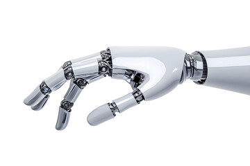 Close-up 3d Chrome Metal Futuristic Robotic hand gesture, glossy texture, isolated on white background. Cyborg robotic hand