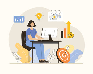 Business planning. Woman write a project tasks or schedule, creates strategy and invests. Flat vector illustration.