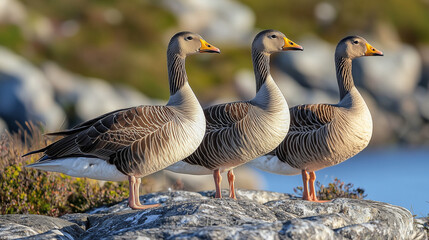 Obraz premium Sun-Drenched Geese on Granite Cliffs - Blue Sky