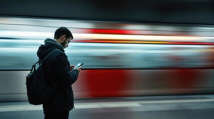 Man in Subway Station Looking at Phone as Train Passes Quickly