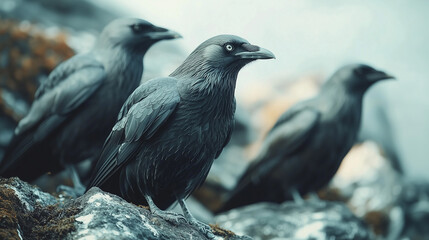 Fototapeta premium Migratory rooks, tired from their journey, sit side by side on the rough-hewn stones