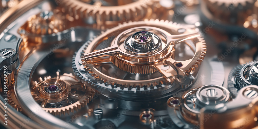 Aufkleber close-up of intricate golden gears and metallic components, showcasing precision engineering and com