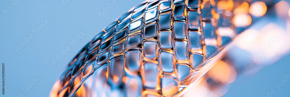 Poster curved translucent object with grid pattern and reflective surface