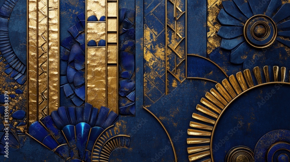 Poster golden geometric pattern: an intricate geometric pattern in striking shades of blue and gold creates