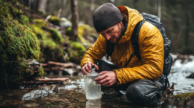 survivalist demonstrating how to collect clean water from stream while wearing yellow waterproof jacket and beanie. serene forest setting enhances sense of adventure and self sufficiency - Powered by Adobe