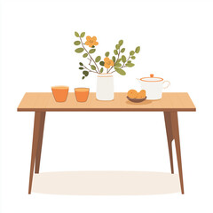 Modern wooden table decorated with a vase of orange flowers, two teacups, and a white teapot, creating a cozy minimalist setup on a white background.
