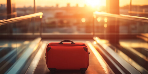 Red suitcase on airport moving walkway, sunset background, conveying travel, journey, departure, or arrival concepts