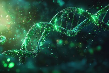 artistic representation of DNA strands intertwined, showcasing vibrant green colors and sparkling particles, evoking sense of wonder and discovery in field of genetics