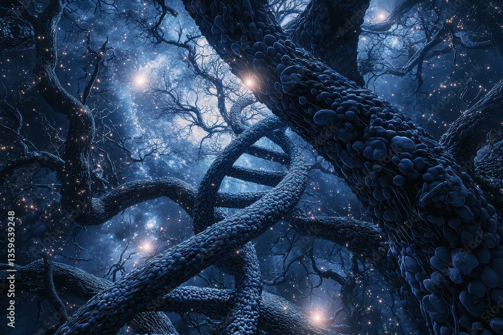 Poster artistic representation of intertwined dna strands surrounded by mystical forest atmosphere, featuri