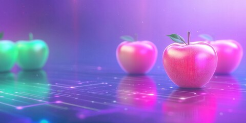 Pink and Green Apples on a Reflective Surface with Vibrant Purple Lighting
