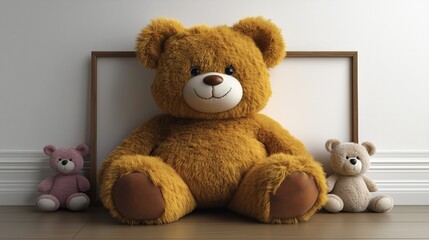 large golden teddy bear sits prominently in the center, flanked by two smaller plush toys in pastel colors, creating a warm and inviting atmosphere in a softly lit room