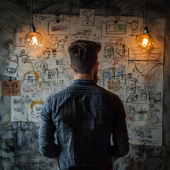 Man Brainstorming Ideas on Wall  Problem Solving  Strategy