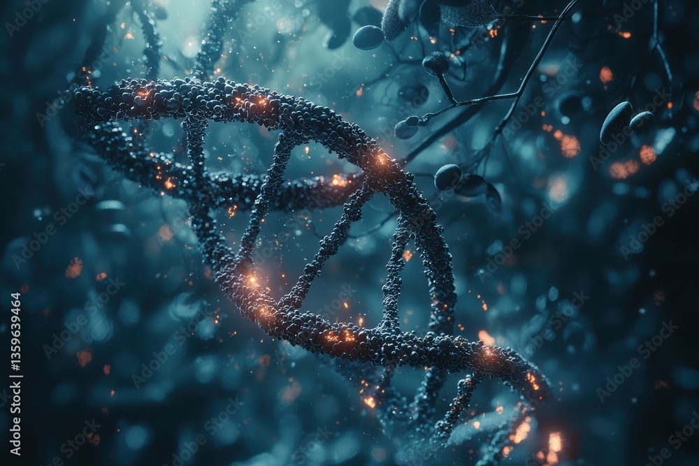 Poster artistic representation of dna strands intertwined, showcasing intricate details and glowing element