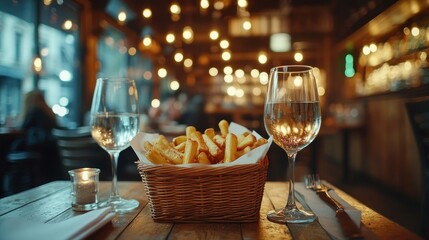 Restaurant meal with french fries and wine