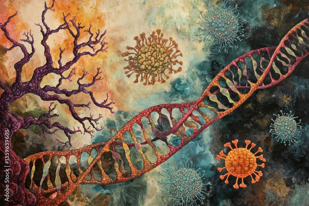 Poster artistic representation of dna strands intertwined with abstract representations of viruses and tree
