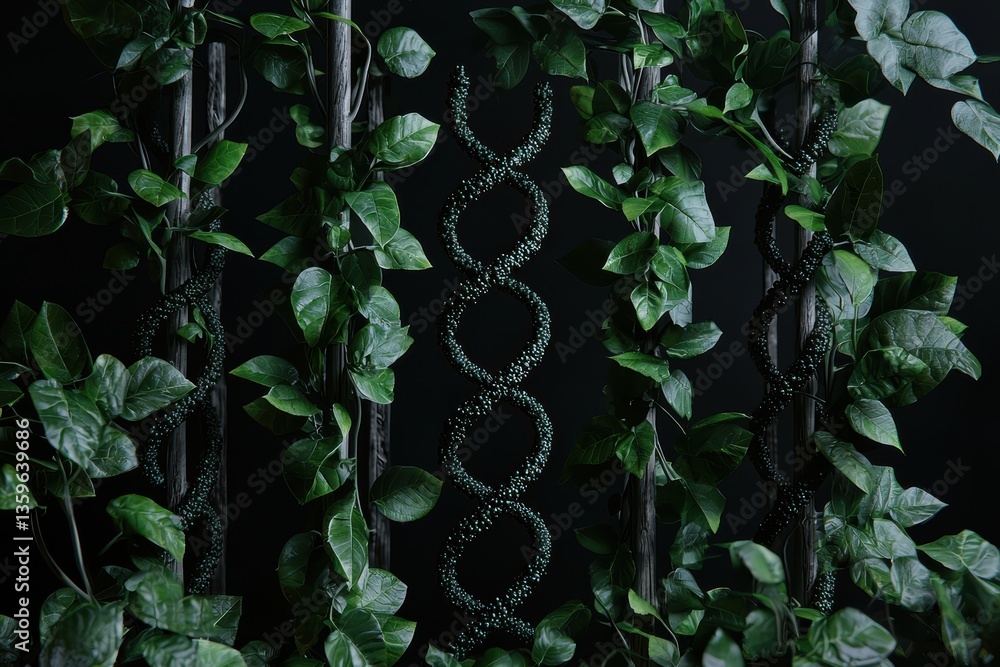 Poster artistic representation of intertwined dna strands surrounded by lush green ivy leaves, creating har