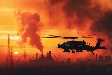 Obraz premium Apache helicopter sunset attack industrial landscape aerial view smoky environment