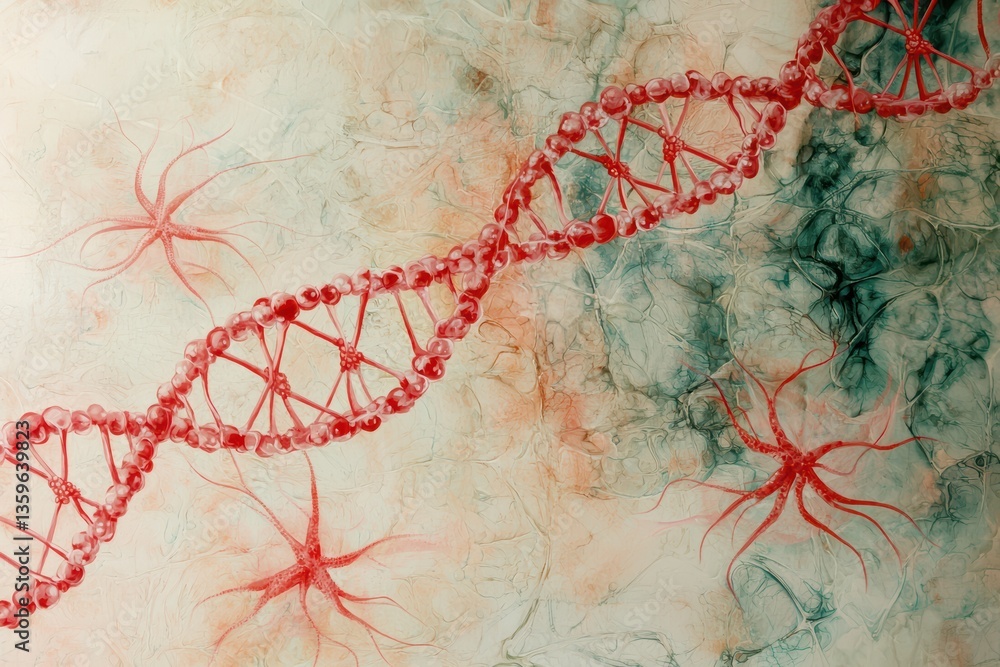 Poster artistic representation of intertwined dna strands with vibrant red colors and abstract background. 