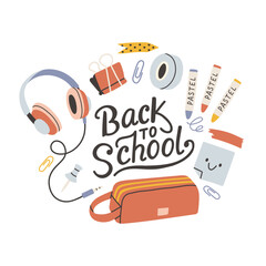 Back to school label. School Background Poster Card. Sale tag. Flat vector illustration. Hand drawn lettering badge. Typography emblem