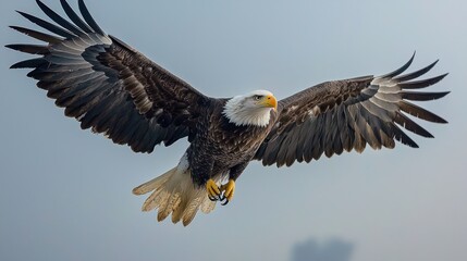 Obraz premium Majestic Bald Eagle Soaring Above the Wilderness at Dusk