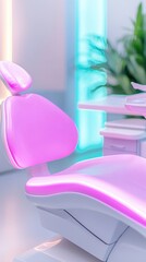 Pink Dental Chair in Modern Clinic with Soft Blue and Pink Lighting